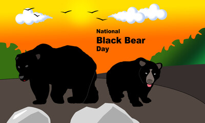 2 black bears are walking with forest atmosphere and sunset background and bold text commemorating National Black Bear Day on June
