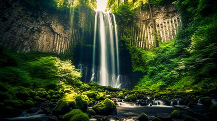 Fototapeta na wymiar Nature's Majesty: Majestic Waterfall Embraced by Lush Greenery in a Tropical Jungle