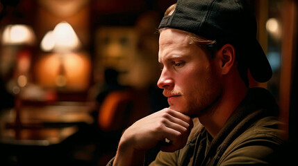 Obraz premium Contemplative Moments: Moody Portrait of a Thoughtful Student in a Cozy Coffee Shop
