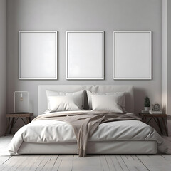 interior of a white bedroom with 3 frames mockup