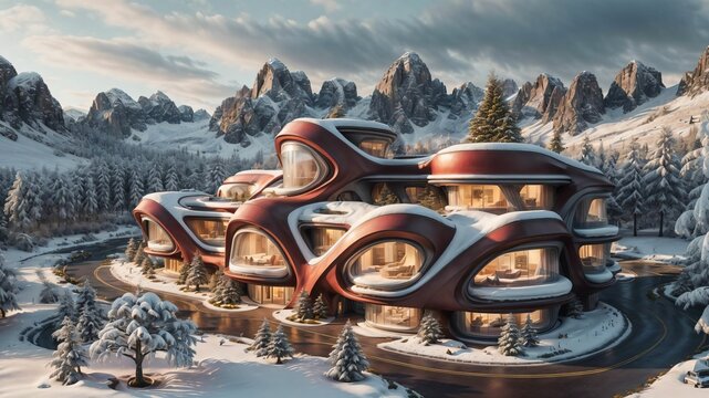 Landscape of a sci-fi futuristic architecture style village in a winter wonderland, surrounded by lush pine vegetation and mountainous terrain, at dusk  - Generative AI Illustration