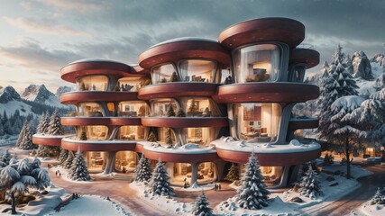 Landscape of a sci-fi futuristic architecture style village in a winter wonderland, surrounded by lush pine vegetation and mountainous terrain, at dusk  - Generative AI Illustration
