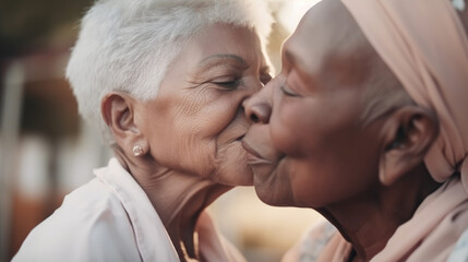 Obraz premium Old women lesbian couple. Black and Caucasian female in love. LGBT pride month celebration generative ai