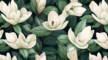 Magnolia flowers, floral background, tropical seamless pattern, luxury wallpaper. Green leaves. Dark vintage hand-painted watercolor 3d illustration. Printable modern art, Generative AI
