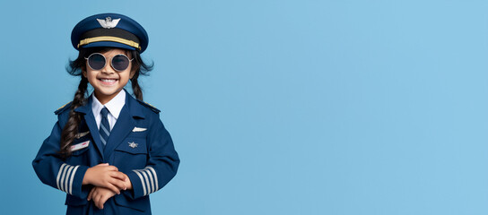 a smiling girl child dressed as a pilot in soft solid blue background - obrazy, fototapety, plakaty