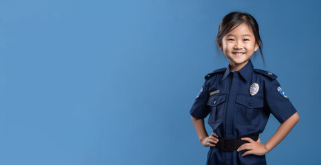 a smiling girl child dressed as a pilot in soft solid blue background