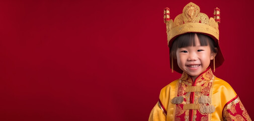 a smiling girl child dressed as a queen's soft solid dark red background generative ai