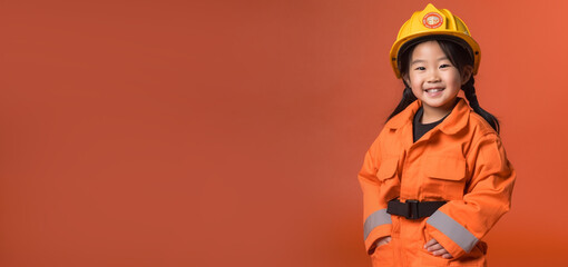 a smiling girl child dressed as a firefighter in soft solid orange background ai generative