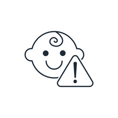 Baby face and triangular exclamation mark sign. Important children's information. Vector linear icon isolated on white background.