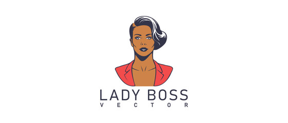 Vector portrait or emblem. Tanned boss lady with trendy hairstyle and suit. Business lady. Logo. White isolated background.