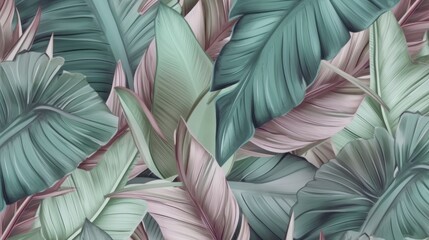 Tropical exotic luxury seamless pattern with pastel color banana leaves, palm, colocasia. Hand-drawn 3D illustration. Vintage glamorous art design. Good for wallpapers, Generative AI