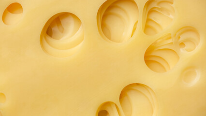 Slice of cheese with holes top view. Traditional Swiss cheese