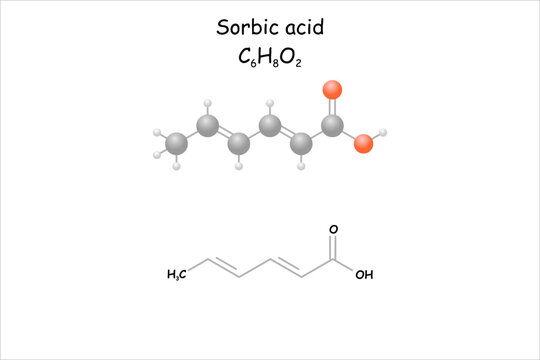 Stylized molecule model/structural formula of the food preservative sorbic acid .	