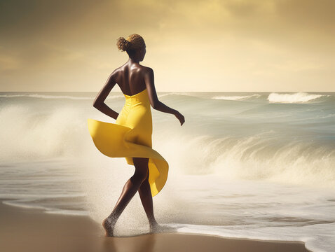 Beautiful african american woman in yellow dress walking on the beach - Generative AI