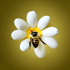 Bee on white flower on yellow background. Shallow depth of field.