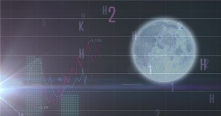 Animation of changing numbers and alphabets and statistical data processing against moon - Powered by Adobe
