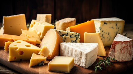 Assortement of different kinds of cheese on a table created using generative AI tools