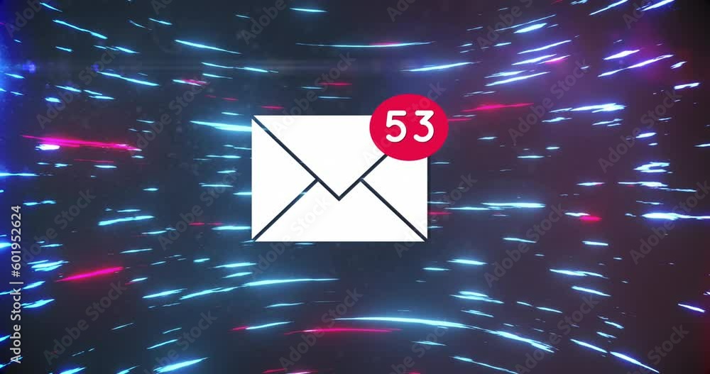 Poster animation of social media email icon and data processing over lights