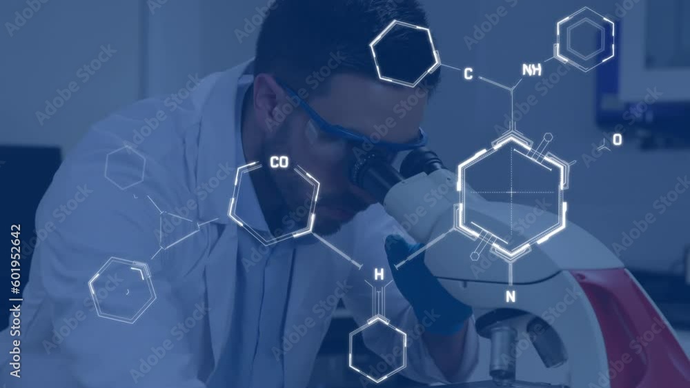 Poster animation of scientific data processing over caucasian male scientist using microscope