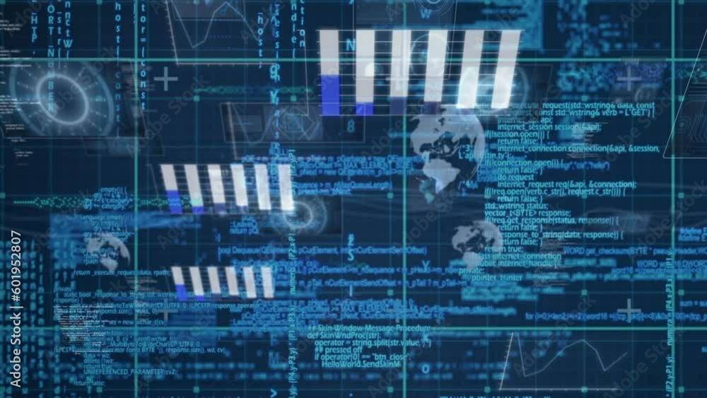 Poster animation of financial data processing over globes