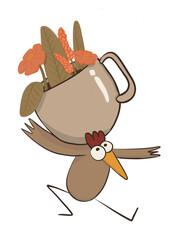 Poule qui tient en équilibre sur son dos une tasse de plante