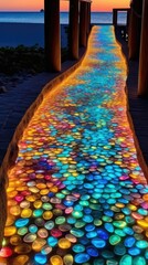Beach walkway made of luminous colorful seaglass stones created using generative AI tools