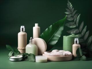 Obraz na płótnie Canvas co friendly cosmetics decorated with green leaves, organic facial skincare, makeup and skin care cosmetic items. Green nature in the backgroeund