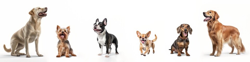 Animals pet dog banner panorama long - Collection set of the most popular favorites pets dogs, isolated on white background, Generative Ai