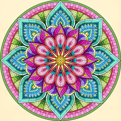 Mandala flower shape with a mix of colors, red, pink, purple, blue and green 
