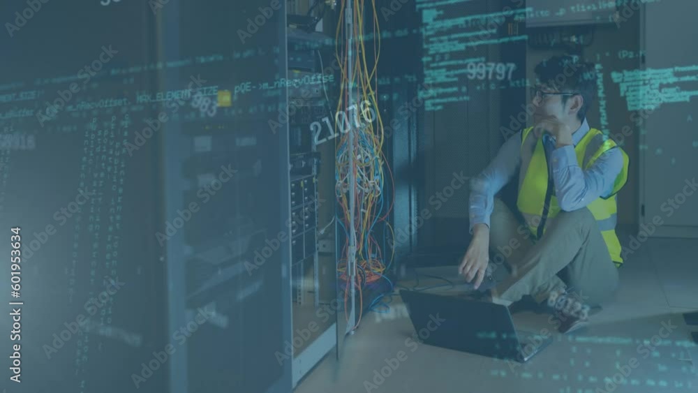 Poster animation of data processing and changing numbers on asian male engineer using laptop at server room