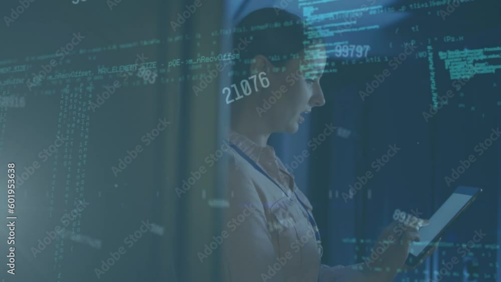 Poster animation of data processing over caucasian female engineer using digital tablet at server room