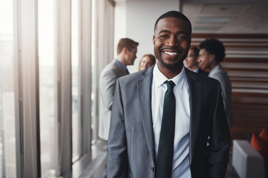 Corporate black man in business, smile and portrait in leadership, professional and lawyer in meeting. Attorney in conference room, happy and male person with collaboration in company and management