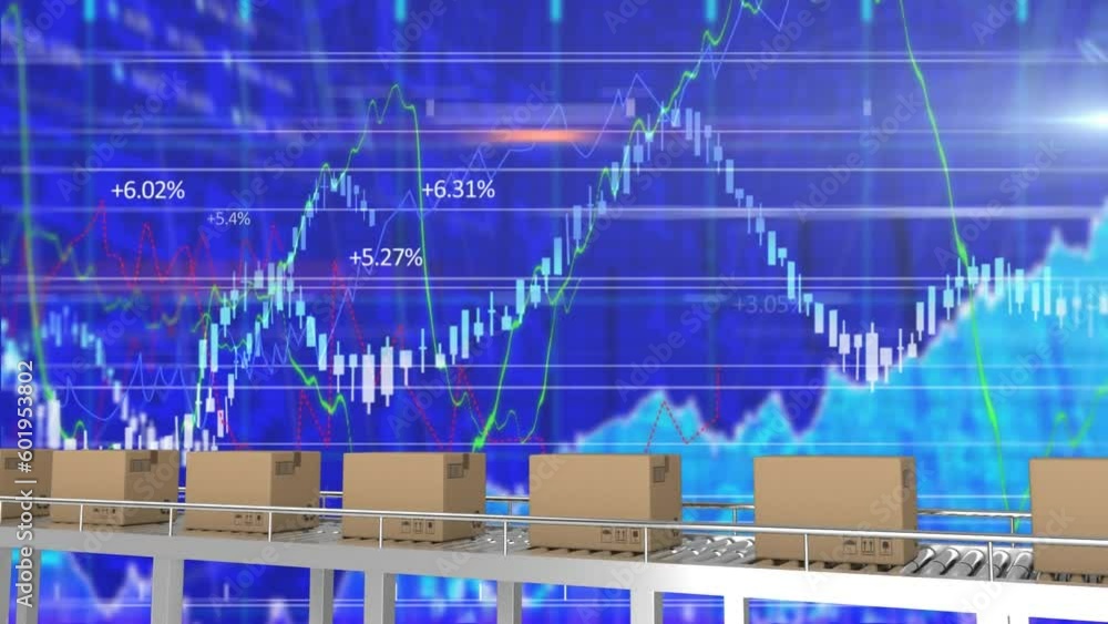 Poster Animation of financial data processing against multiple delivery boxes on conveyer belt