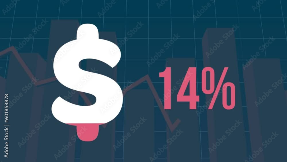 Poster animation of dollar symbol filling up and increasing percentage against statistical data processing