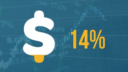 Animation of dollar symbol filling up, increasing percentage against stock market data processing - Powered by Adobe
