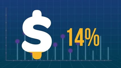 Animation of dollar symbol filling up and increasing percentage against statistical data processing - Powered by Adobe