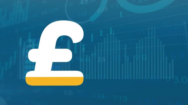 Animation of pound symbol filling up and increasing percentage against stock market data processing - Powered by Adobe