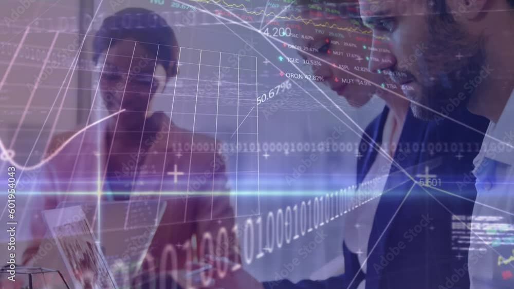 Aufkleber animation of statistical and stock market data processing over caucasian man using laptop at office