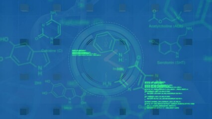 Animation of neon ticking clock over chemical structures and data processing on blue background - Powered by Adobe