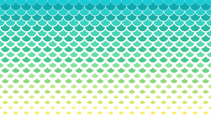 Horizontally seamless fish scale background in turquoise green to yellow gradient colors. Halftone scale pattern.