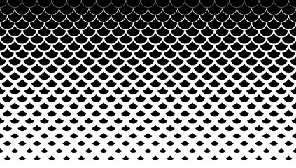 Horizontally seamless fish scale background in black and white. Halftone scale pattern.