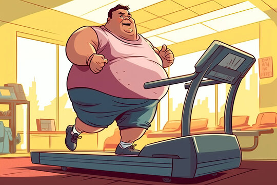 fat male obese runner runs on treadmill in gym. Running cardio workout to lose excess weight. Cartoon character. Generative AI illustration