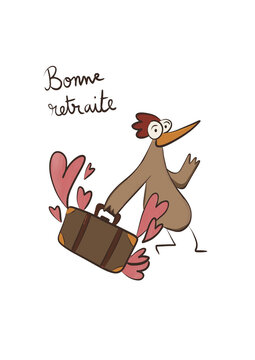 Poule tenant une valise qui d&eacute;borde de c&oelig;urs, bonne retrait. Illustration d&rsquo;un d&eacute;part plein d&rsquo;amour