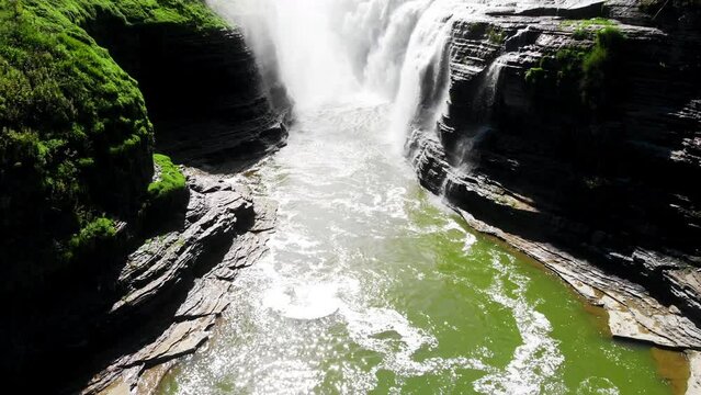 Aerial Rising Shot at Upper Falls in Letchworth State Park. Wide shot aerial drone shot rising at the upper falls at Letchworth State Park
