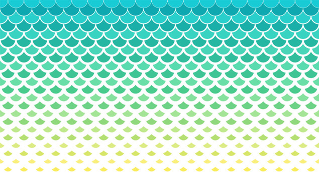 Horizontally seamless fish scale background in turquoise green to yellow gradient colors. Halftone scale pattern.