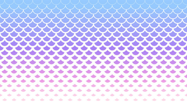 Horizontally seamless fish scale background in purple to pastel pink gradient colors. Halftone scale pattern.
