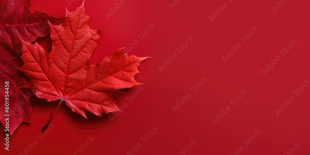 Wall mural big maple leaf with copy space on red background. generative ai.