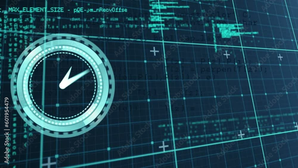 Poster animation of neon ticking clock and data processing over grid network against blue background