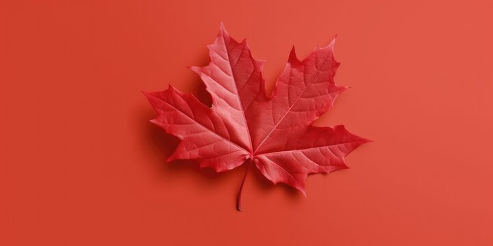 Autumn maple leaf with copy space on red background. Generative AI.