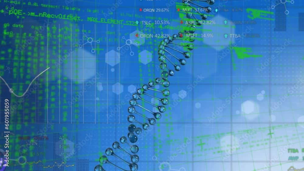 Poster animation of dna and chemical structures over data processing against blue background
